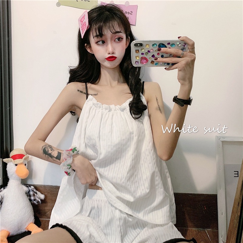 吊帶短褲睡衣女年夏季新款學生家居服可愛外穿純欲風兩件套裝-細節圖8
