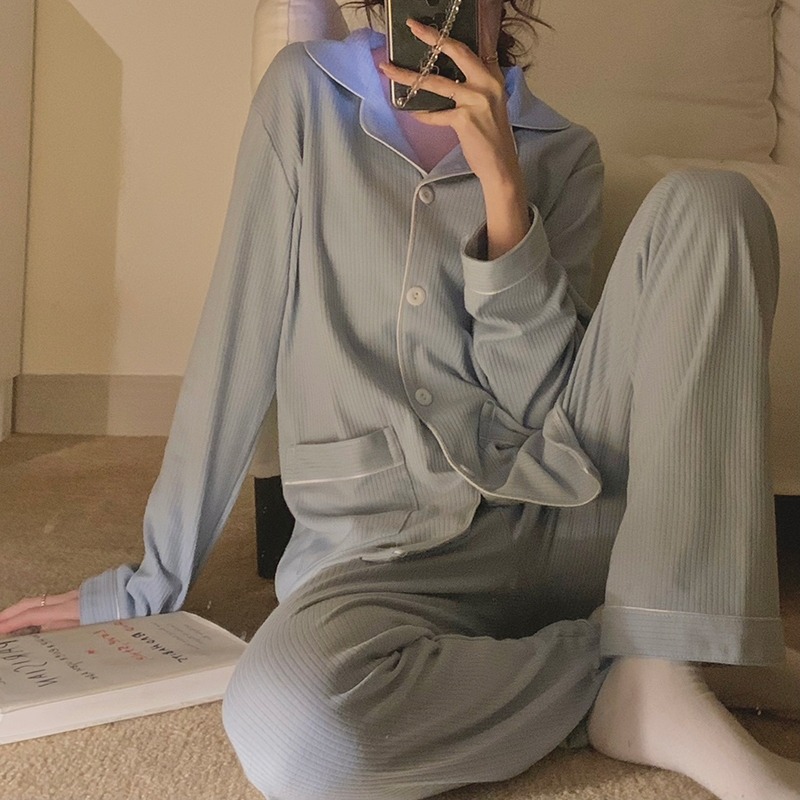 天空藍長袖睡衣女可外穿ins風春秋年新款休閑家居服套裝洋氣-細節圖2