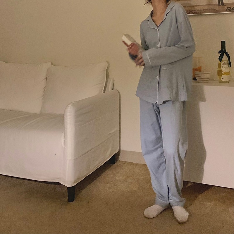 天空藍長袖睡衣女可外穿ins風春秋年新款休閑家居服套裝洋氣-細節圖5