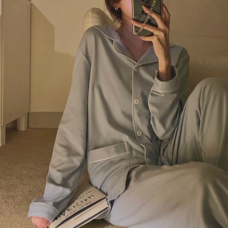 天空藍長袖睡衣女可外穿ins風春秋年新款休閑家居服套裝洋氣-細節圖7