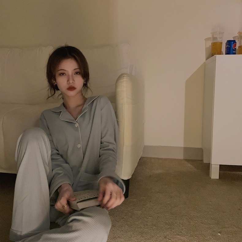 天空藍長袖睡衣女可外穿ins風春秋年新款休閑家居服套裝洋氣-細節圖10