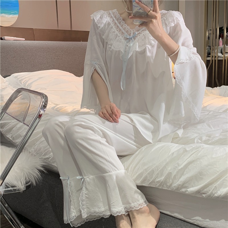 可愛荷葉邊v領睡衣女年新款春夏季公主風喇叭長袖家居服套裝-細節圖2