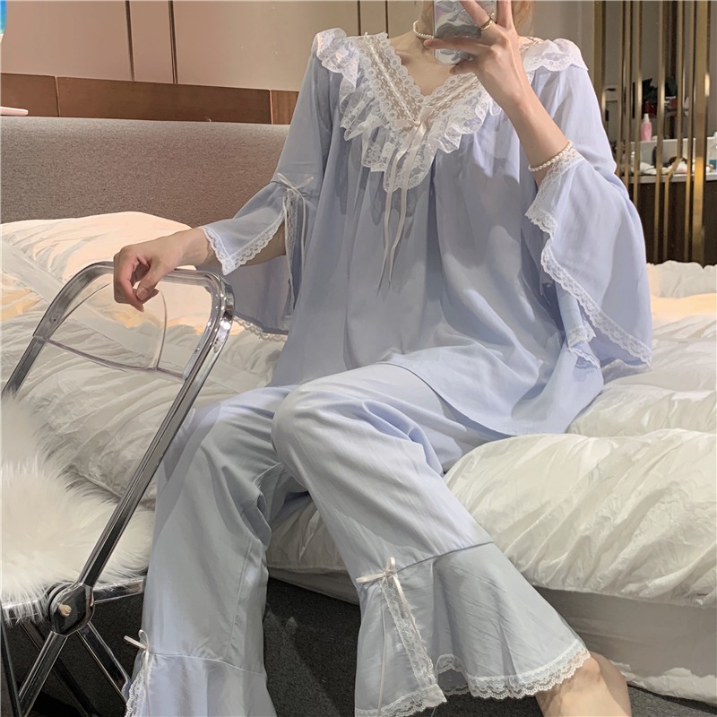 可愛荷葉邊v領睡衣女年新款春夏季公主風喇叭長袖家居服套裝-細節圖4