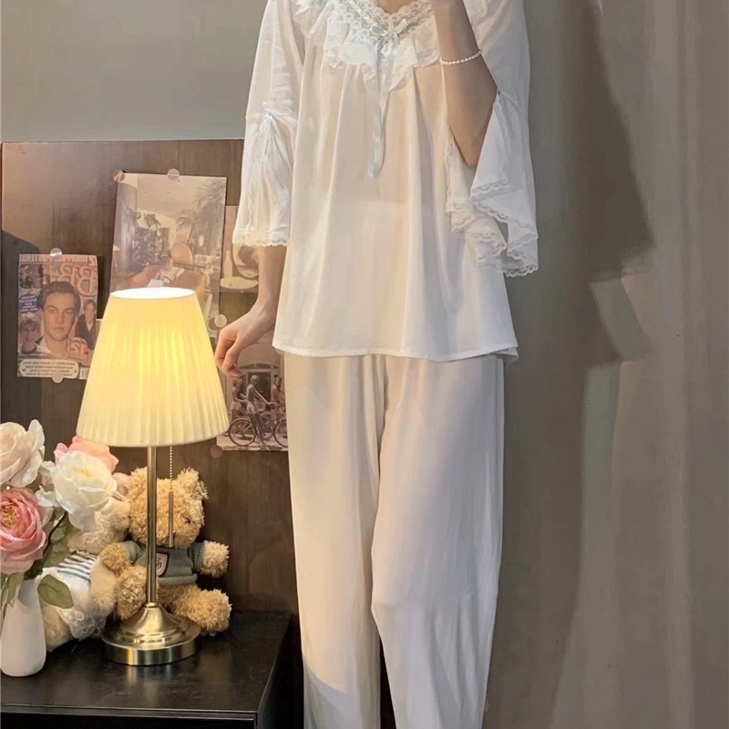 可愛荷葉邊v領睡衣女年新款春夏季公主風喇叭長袖家居服套裝-細節圖5