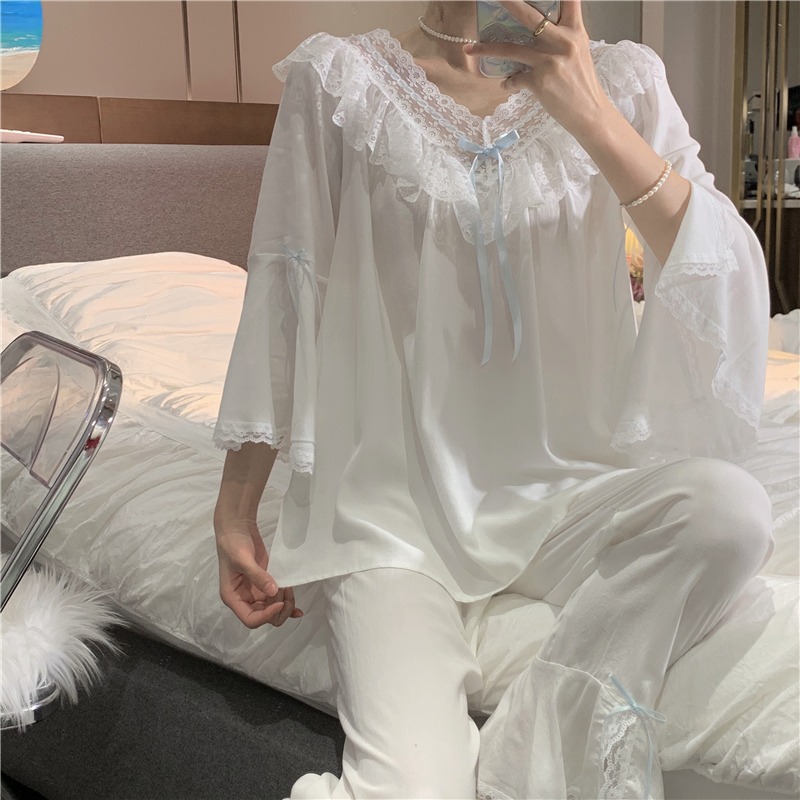 可愛荷葉邊v領睡衣女年新款春夏季公主風喇叭長袖家居服套裝-細節圖8