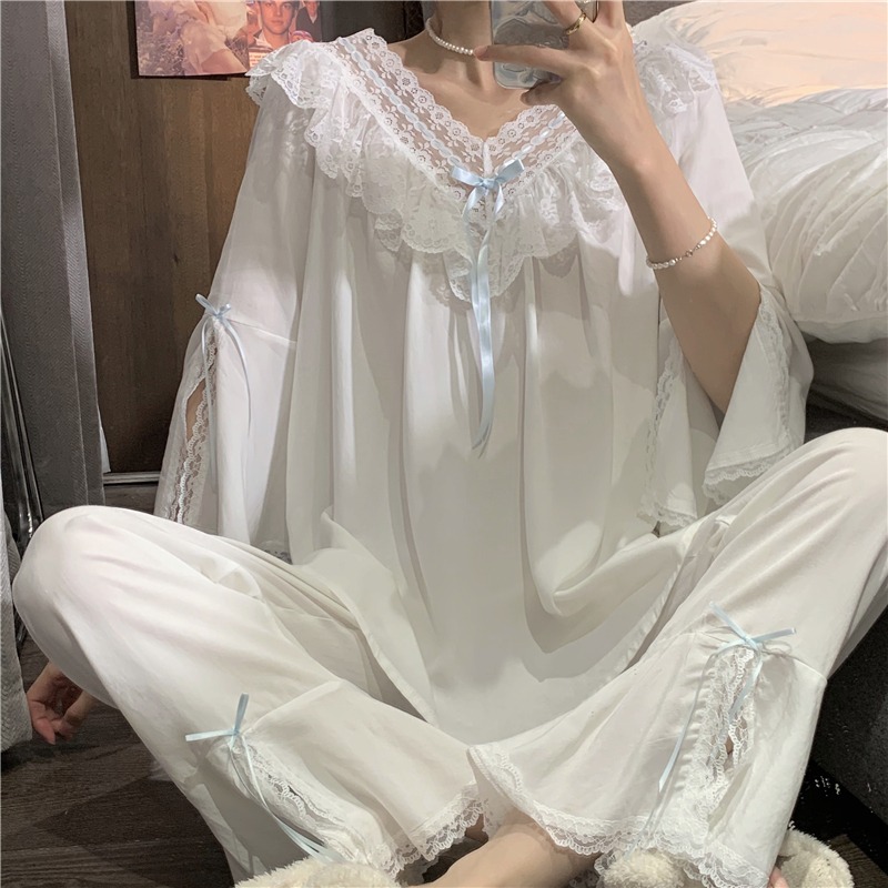 可愛荷葉邊v領睡衣女年新款春夏季公主風喇叭長袖家居服套裝-細節圖9
