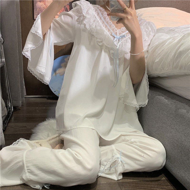 可愛荷葉邊v領睡衣女年新款春夏季公主風喇叭長袖家居服套裝-細節圖10
