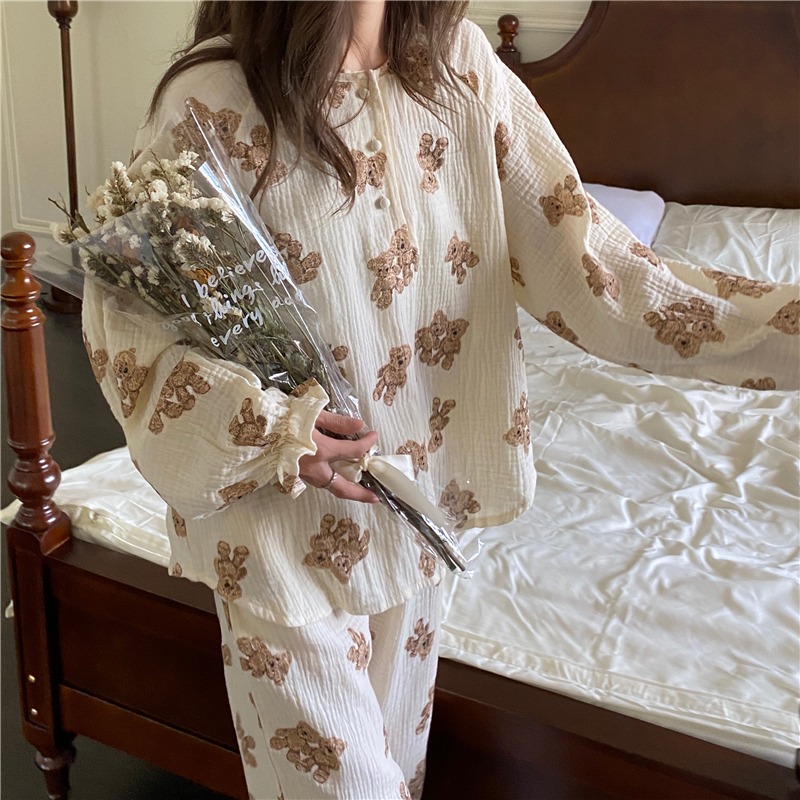春秋季棉麻小熊長袖睡衣女ins風年新款可外穿睡裙家居服套裝-細節圖2