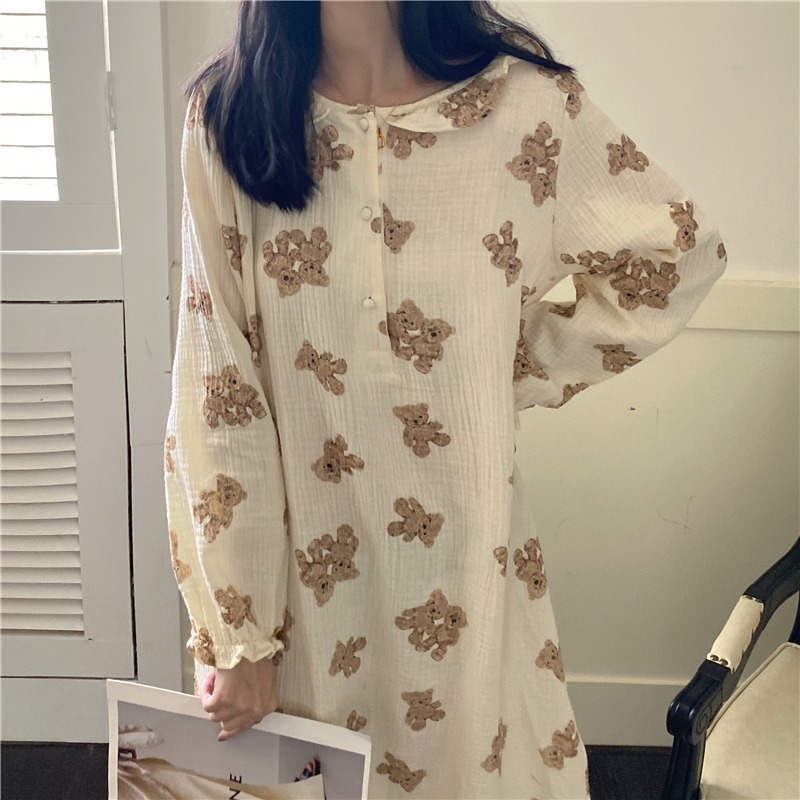 春秋季棉麻小熊長袖睡衣女ins風年新款可外穿睡裙家居服套裝-細節圖3