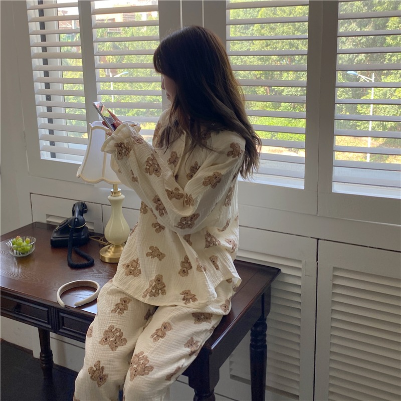 春秋季棉麻小熊長袖睡衣女ins風年新款可外穿睡裙家居服套裝-細節圖4