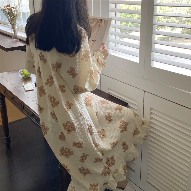 春秋季棉麻小熊長袖睡衣女ins風年新款可外穿睡裙家居服套裝-細節圖5