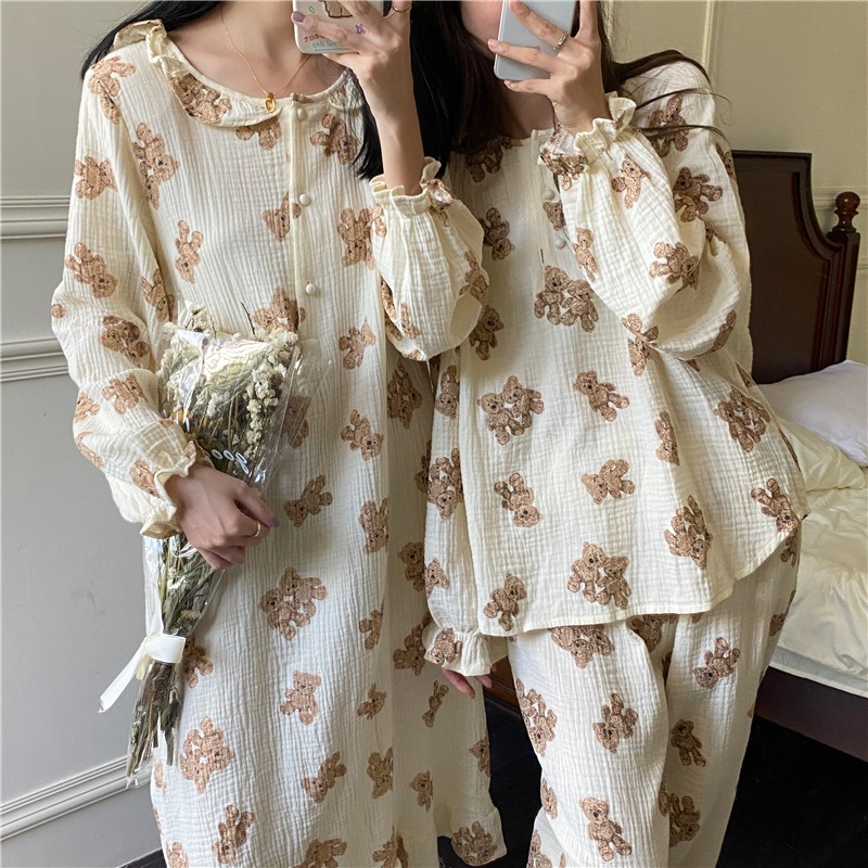 春秋季棉麻小熊長袖睡衣女ins風年新款可外穿睡裙家居服套裝-細節圖6
