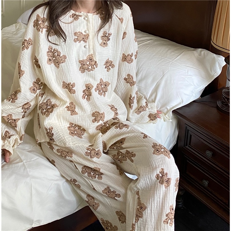 春秋季棉麻小熊長袖睡衣女ins風年新款可外穿睡裙家居服套裝-細節圖7