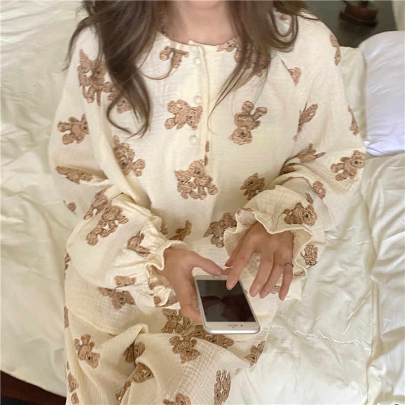 春秋季棉麻小熊長袖睡衣女ins風年新款可外穿睡裙家居服套裝-細節圖8