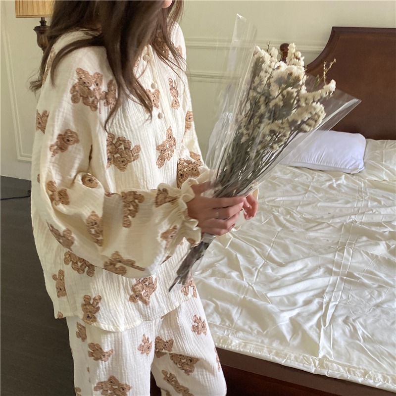 春秋季棉麻小熊長袖睡衣女ins風年新款可外穿睡裙家居服套裝-細節圖10