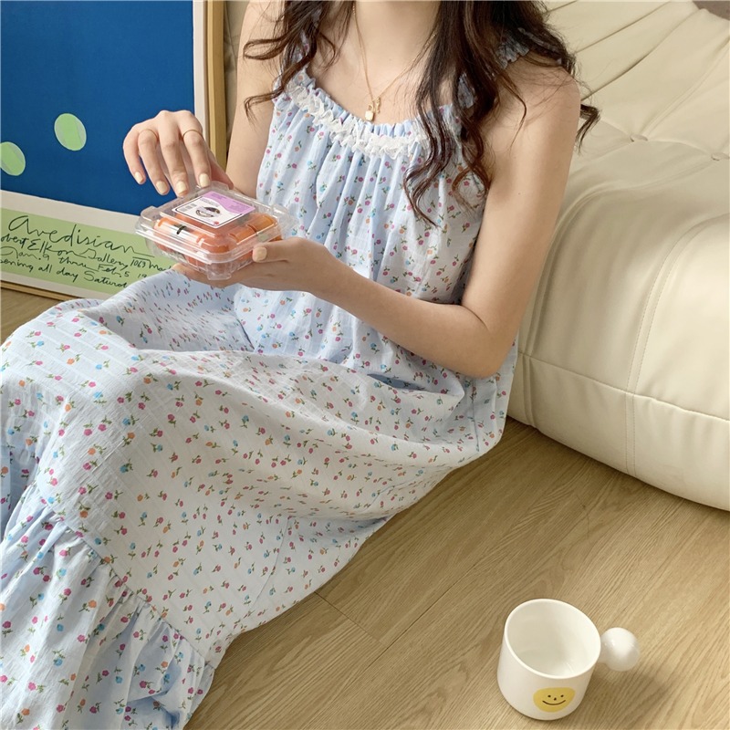 春秋碎花v領長袖睡袍女年新款ins風吊帶睡裙純棉套裝家居衣服-細節圖4