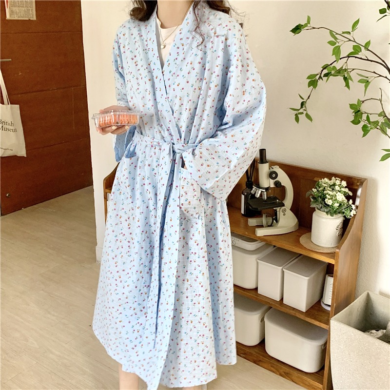 春秋碎花v領長袖睡袍女年新款ins風吊帶睡裙純棉套裝家居衣服-細節圖6