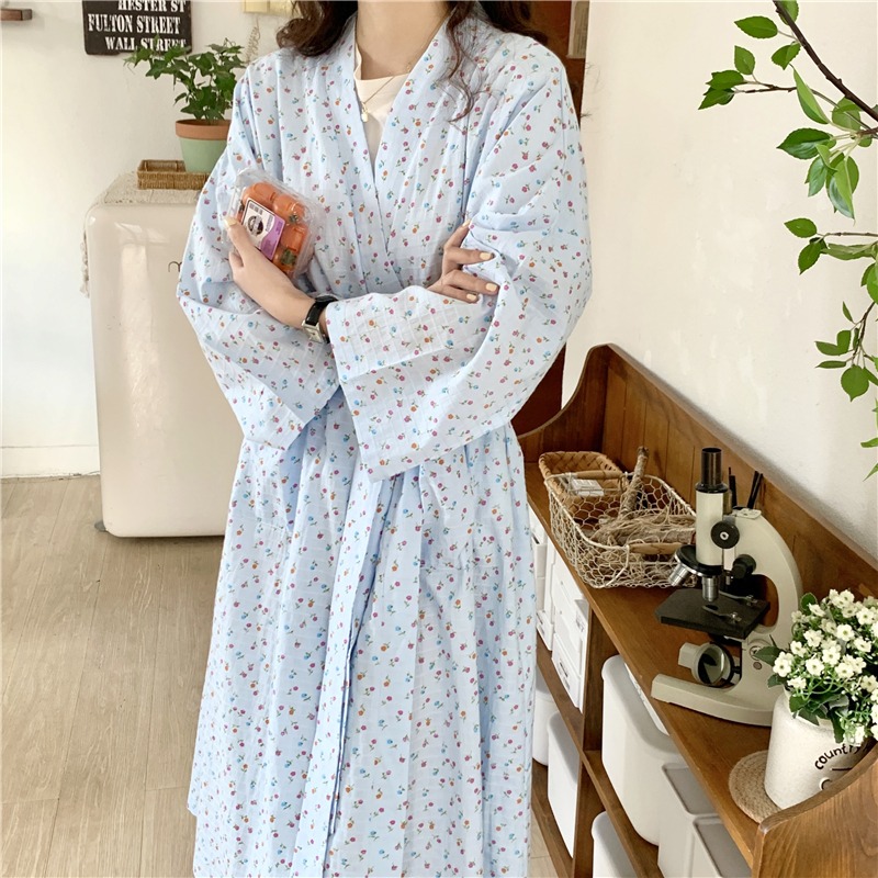 春秋碎花v領長袖睡袍女年新款ins風吊帶睡裙純棉套裝家居衣服-細節圖7