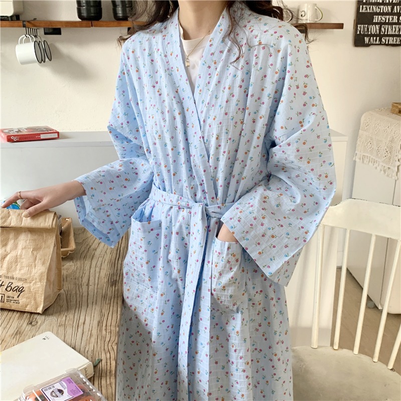 春秋碎花v領長袖睡袍女年新款ins風吊帶睡裙純棉套裝家居衣服-細節圖8