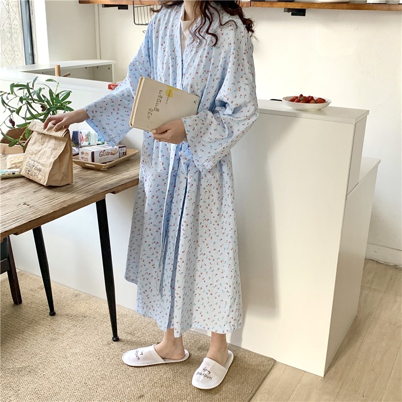 春秋碎花v領長袖睡袍女年新款ins風吊帶睡裙純棉套裝家居衣服-細節圖9