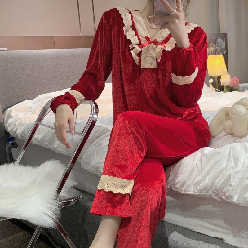 金絲絨睡衣女年春秋冬新款ins風高級感聖誕新年紅家居服套裝-細節圖2
