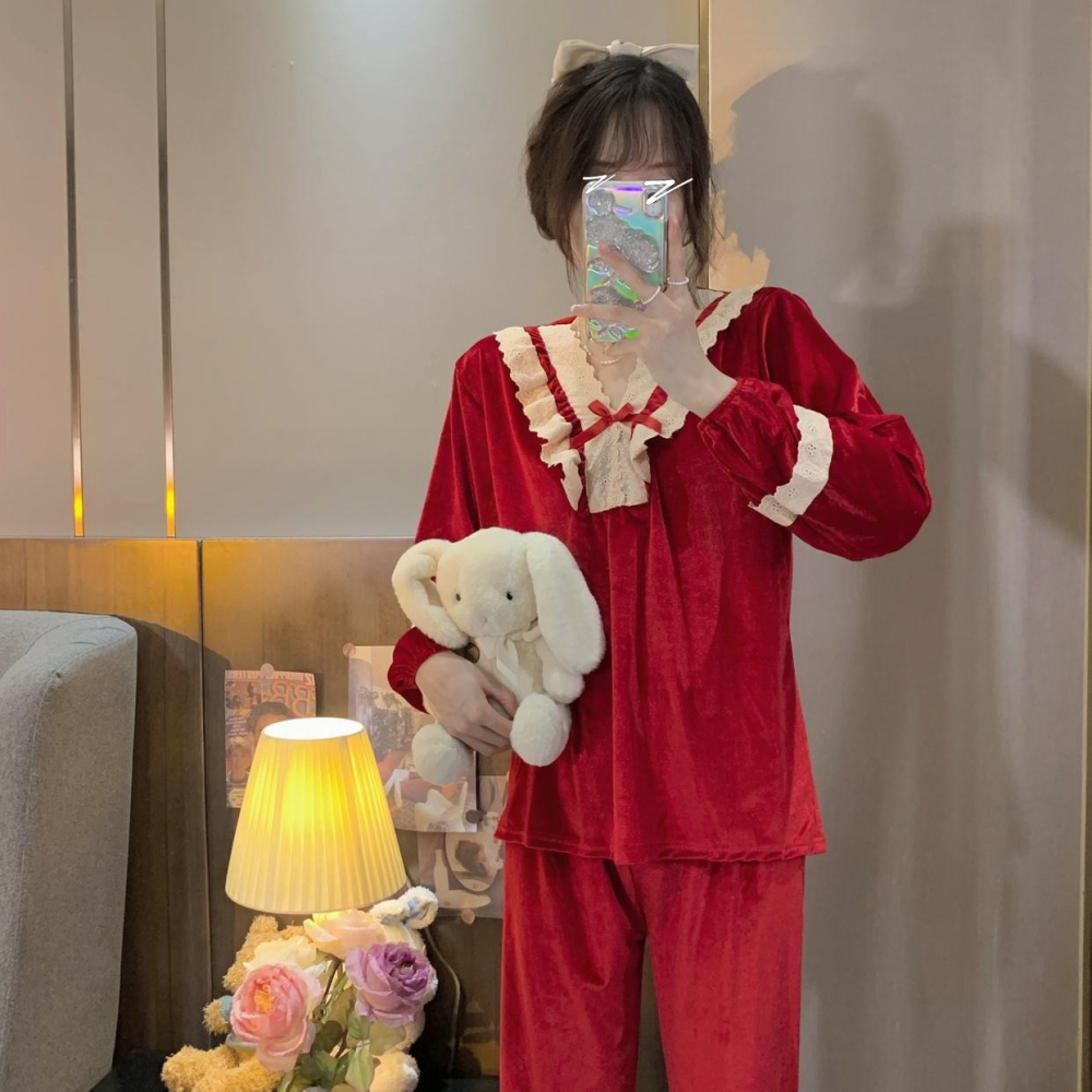 金絲絨睡衣女年春秋冬新款ins風高級感聖誕新年紅家居服套裝-細節圖7
