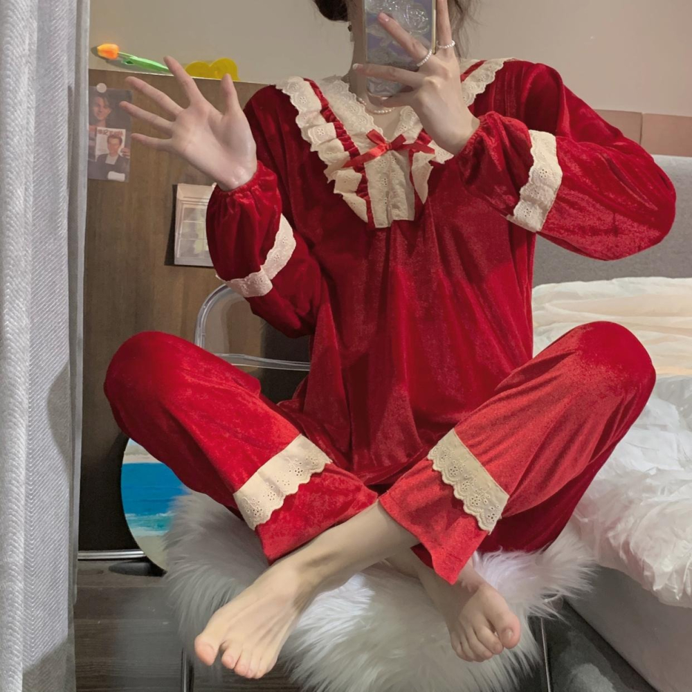 金絲絨睡衣女年春秋冬新款ins風高級感聖誕新年紅家居服套裝-細節圖9
