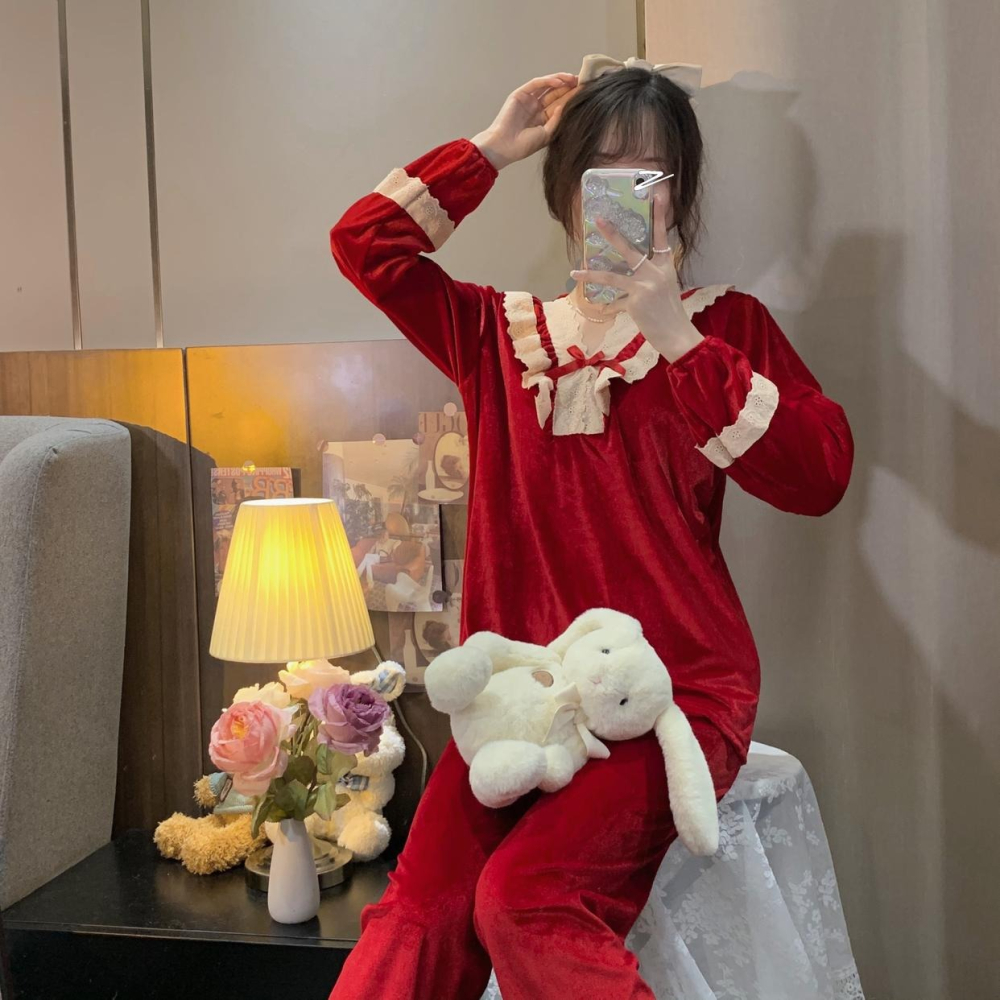 金絲絨睡衣女年春秋冬新款ins風高級感聖誕新年紅家居服套裝-細節圖10
