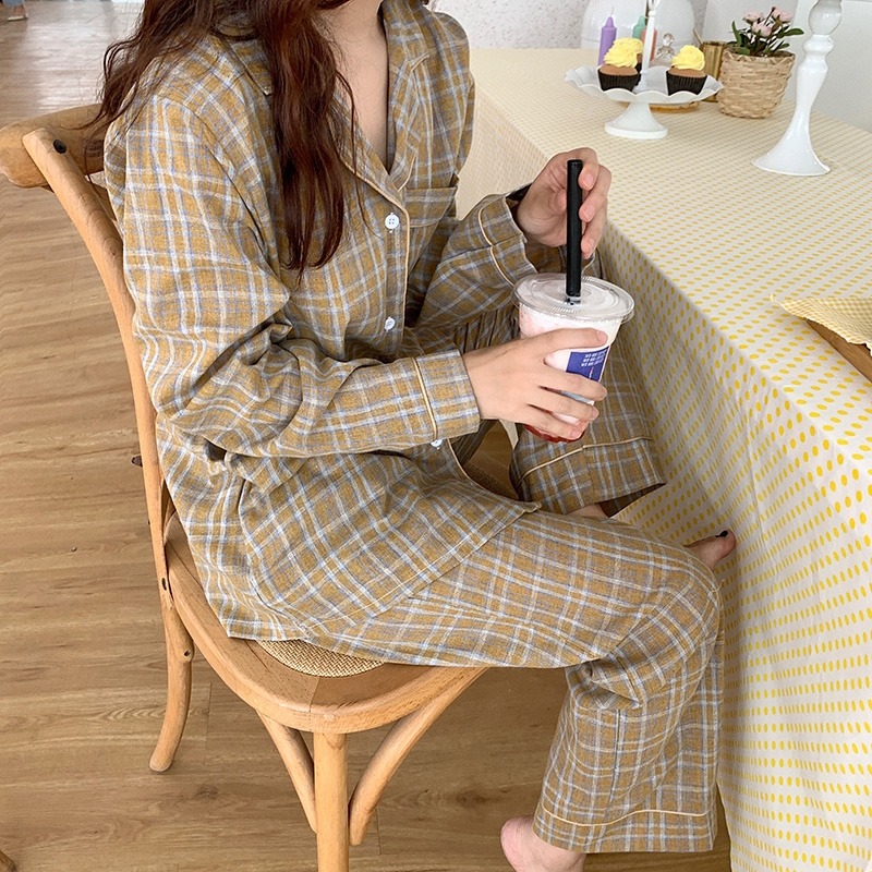 春秋季格子長袖睡衣兩件套裝寬松可外穿家居服少女ins風新款-細節圖2