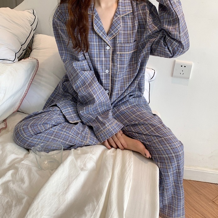 春秋季格子長袖睡衣兩件套裝寬松可外穿家居服少女ins風新款-細節圖3