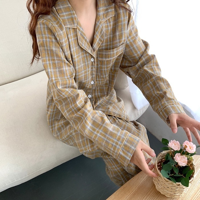 春秋季格子長袖睡衣兩件套裝寬松可外穿家居服少女ins風新款-細節圖4