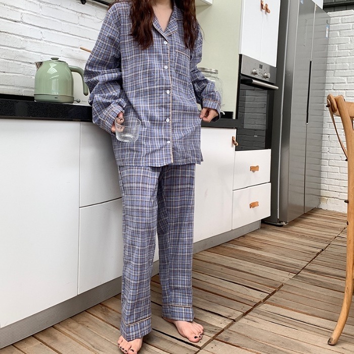 春秋季格子長袖睡衣兩件套裝寬松可外穿家居服少女ins風新款-細節圖5