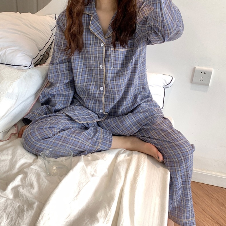 春秋季格子長袖睡衣兩件套裝寬松可外穿家居服少女ins風新款-細節圖6