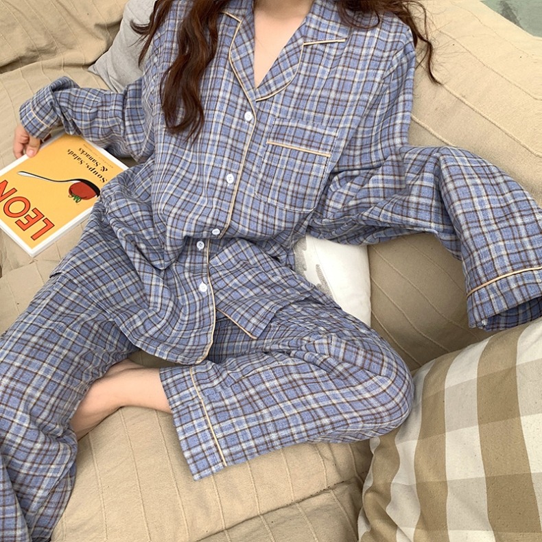 春秋季格子長袖睡衣兩件套裝寬松可外穿家居服少女ins風新款-細節圖8