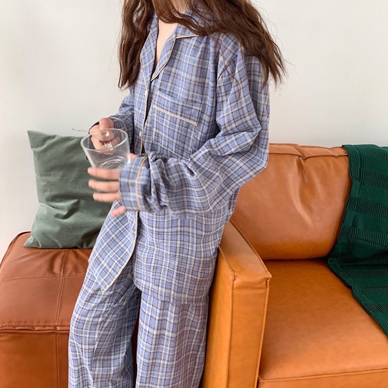 春秋季格子長袖睡衣兩件套裝寬松可外穿家居服少女ins風新款-細節圖10