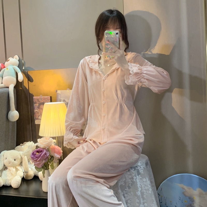 金絲絨睡衣女年新款春秋冬宮廷風蕾絲花邊家居服兩件套裝ins-細節圖3