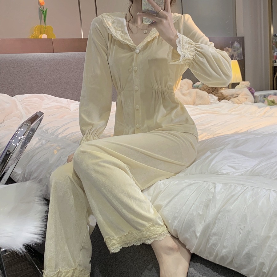 金絲絨睡衣女年新款春秋冬宮廷風蕾絲花邊家居服兩件套裝ins-細節圖4