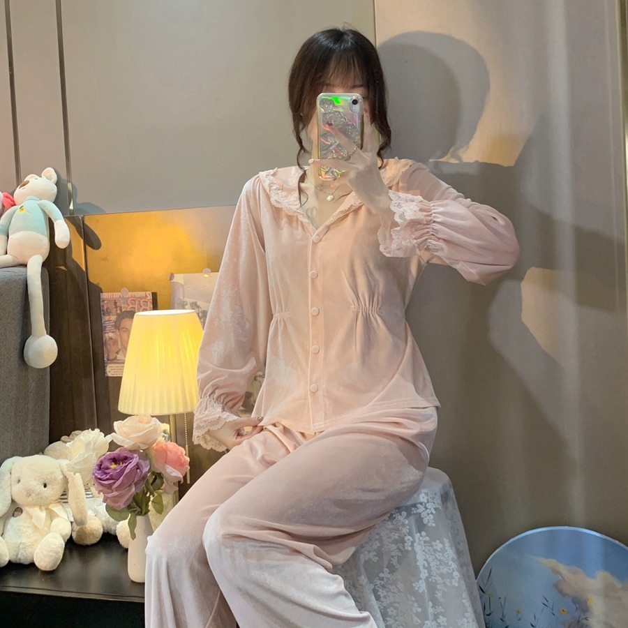 金絲絨睡衣女年新款春秋冬宮廷風蕾絲花邊家居服兩件套裝ins-細節圖7
