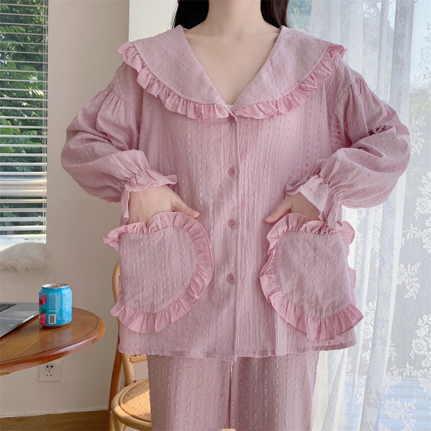 純棉荷葉邊v領長袖睡衣女公主風春秋新款可愛洋氣家居服套裝-細節圖3