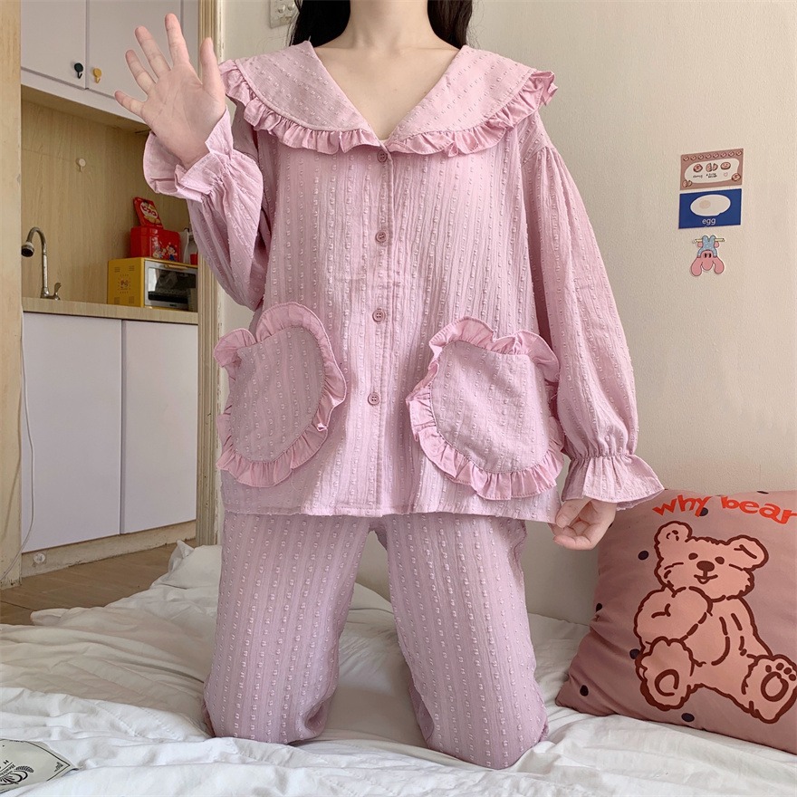 純棉荷葉邊v領長袖睡衣女公主風春秋新款可愛洋氣家居服套裝-細節圖4