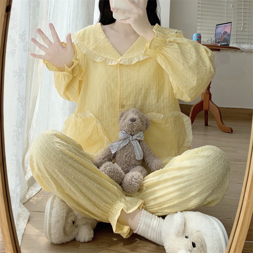 純棉荷葉邊v領長袖睡衣女公主風春秋新款可愛洋氣家居服套裝-細節圖6