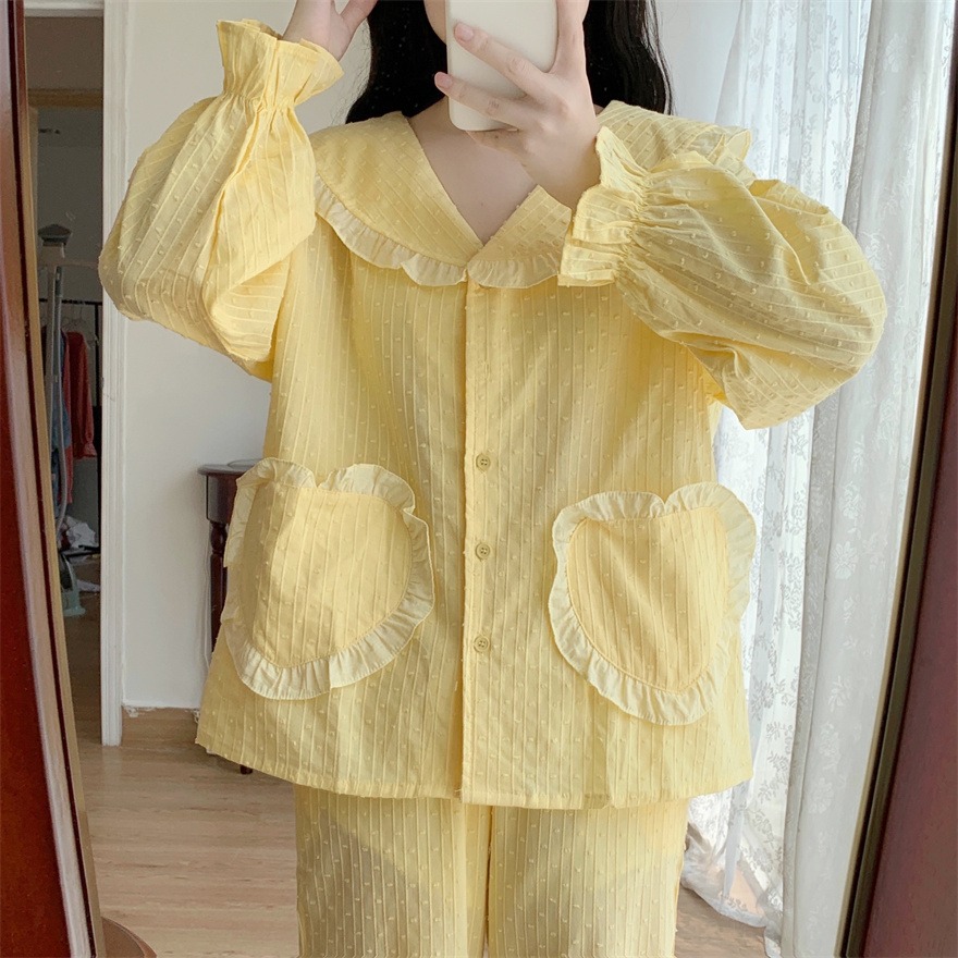 純棉荷葉邊v領長袖睡衣女公主風春秋新款可愛洋氣家居服套裝-細節圖7