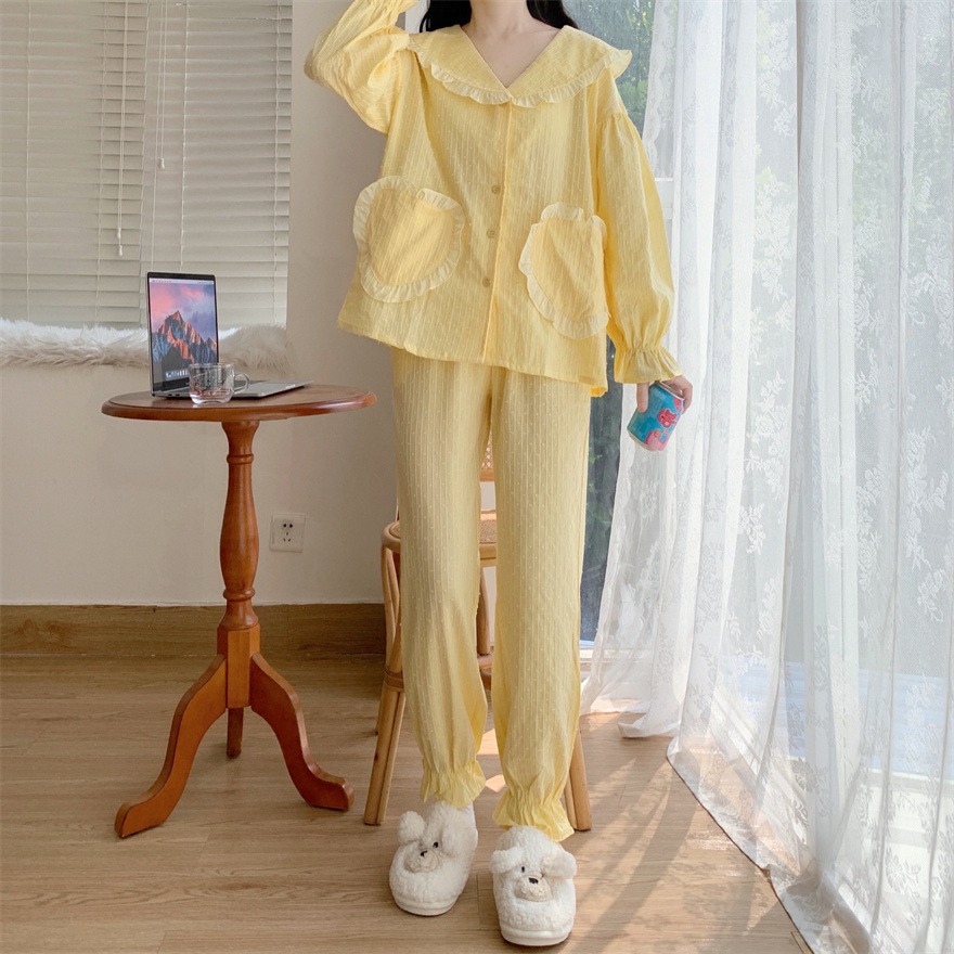 純棉荷葉邊v領長袖睡衣女公主風春秋新款可愛洋氣家居服套裝-細節圖8