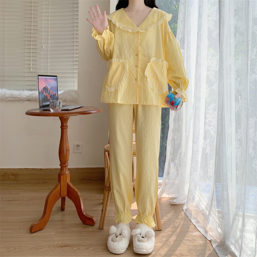 純棉荷葉邊v領長袖睡衣女公主風春秋新款可愛洋氣家居服套裝-細節圖9