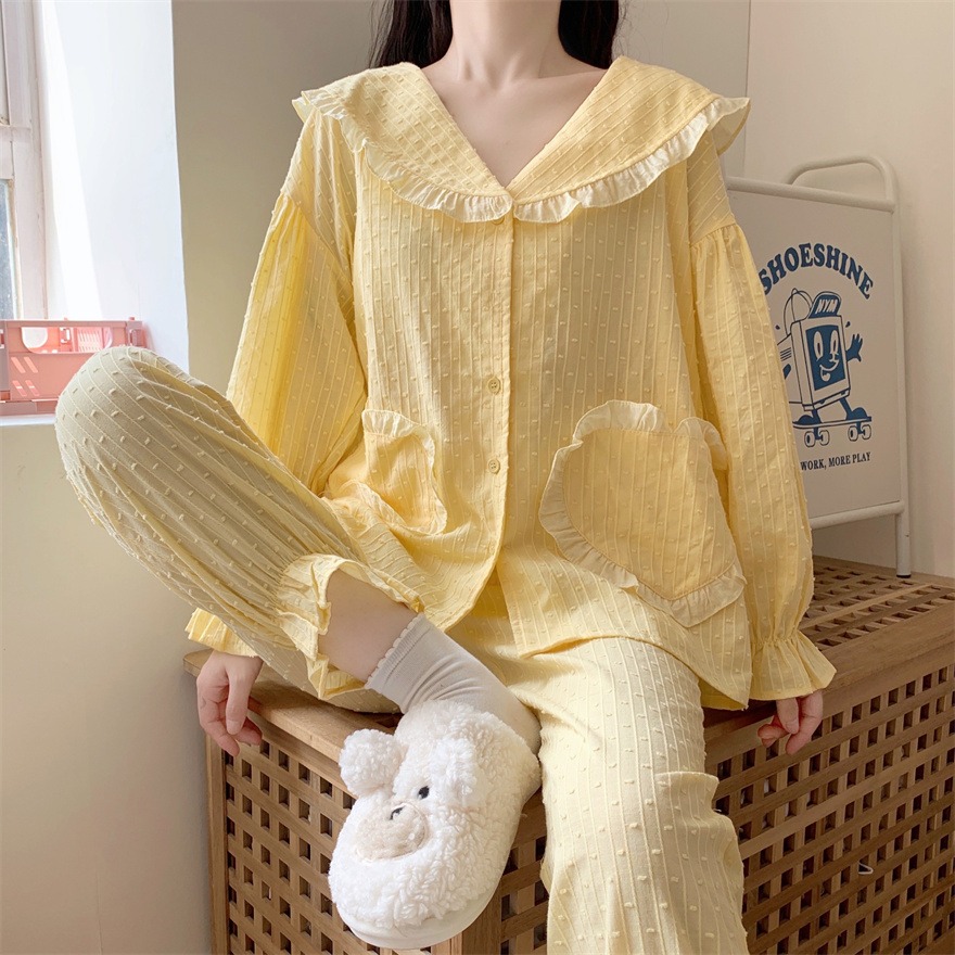 純棉荷葉邊v領長袖睡衣女公主風春秋新款可愛洋氣家居服套裝-細節圖10