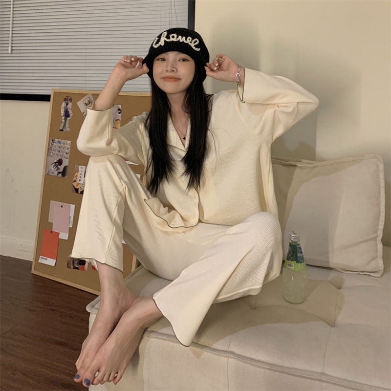 華夫格純棉睡衣女ins風可外穿年春秋新款休閑家居服兩件套裝-細節圖2