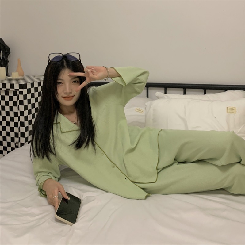 華夫格純棉睡衣女ins風可外穿年春秋新款休閑家居服兩件套裝-細節圖3