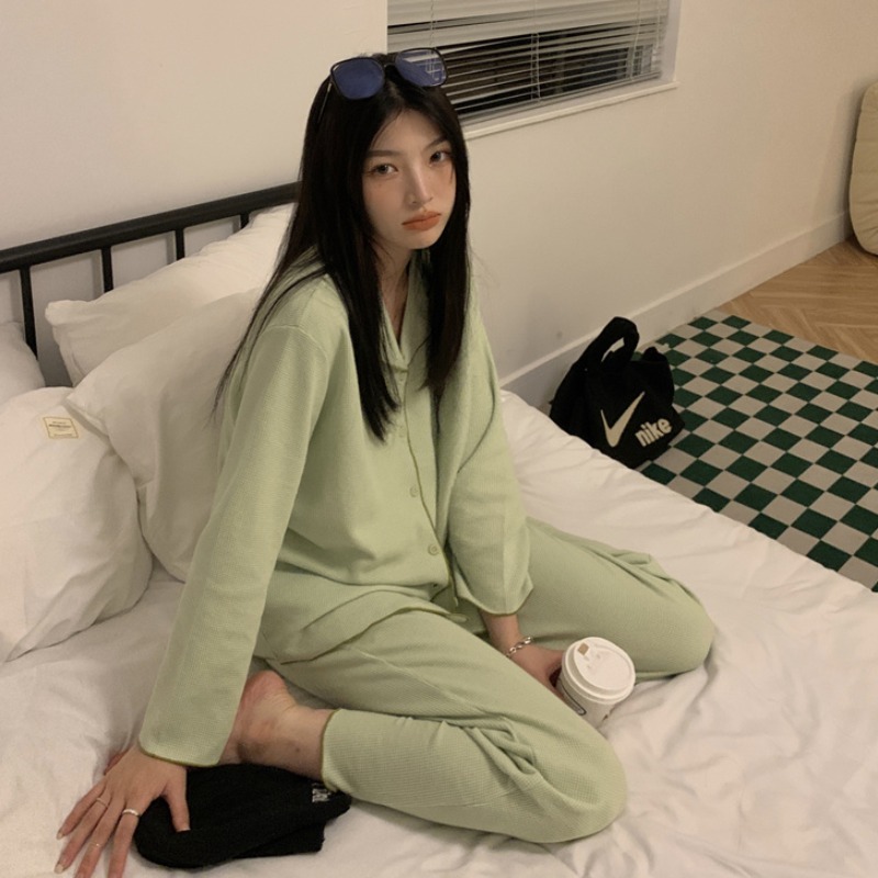 華夫格純棉睡衣女ins風可外穿年春秋新款休閑家居服兩件套裝-細節圖5