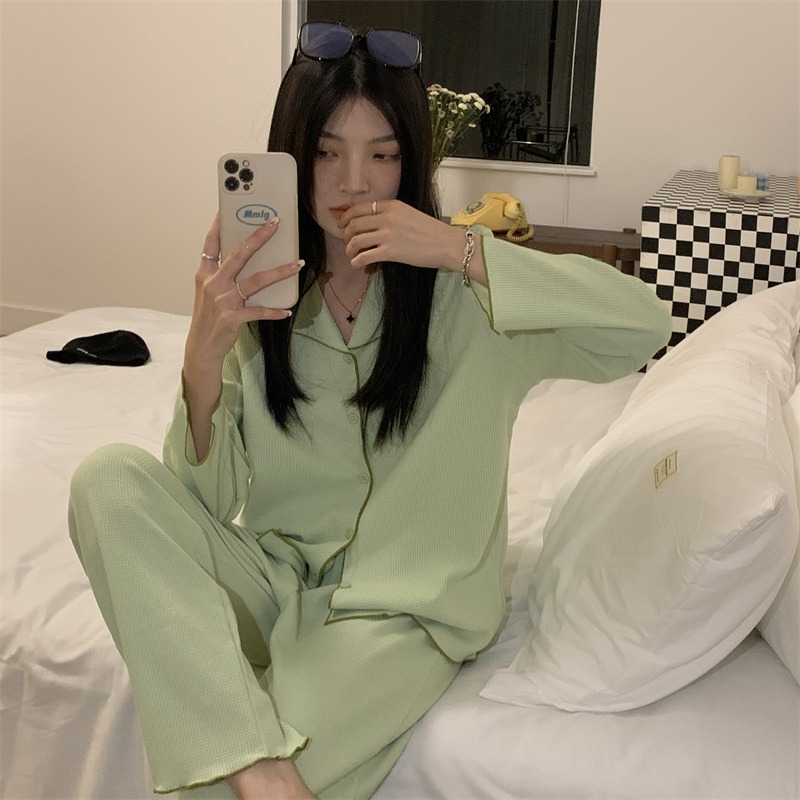 華夫格純棉睡衣女ins風可外穿年春秋新款休閑家居服兩件套裝-細節圖7