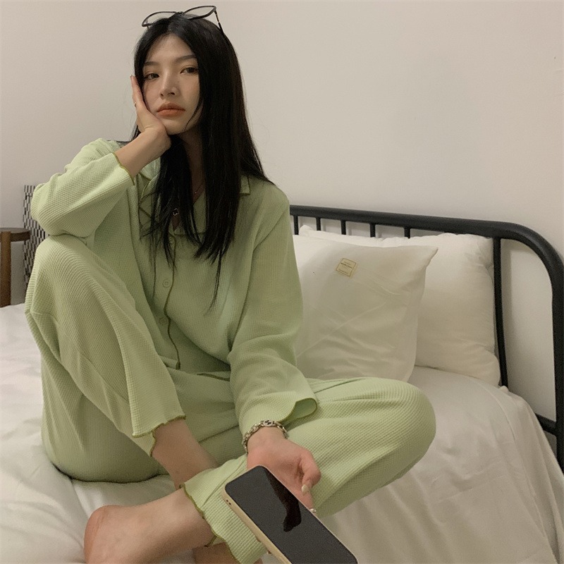 華夫格純棉睡衣女ins風可外穿年春秋新款休閑家居服兩件套裝-細節圖8
